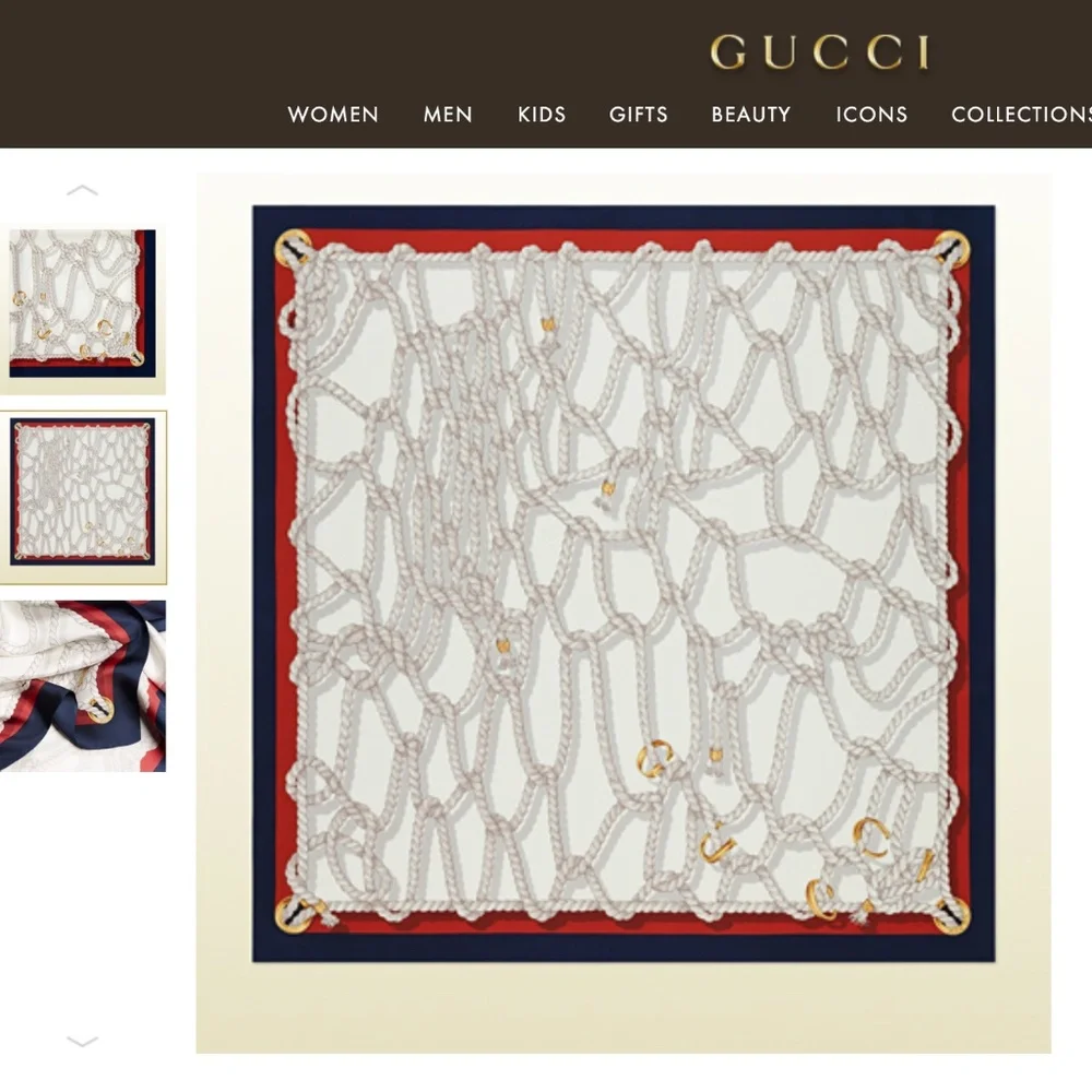 New Gucci Scarf GG Logo Ropes Print Nautical Style Silk Wrap